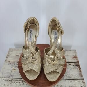 Steve Madden Gold Glitter Heels 7.5 Strappy Dress Shoe Sparkly Party Wedding